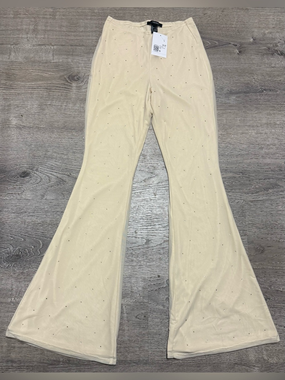 Forever 21 Egret Rhinestone Mesh Flare Pants NWT Sheer High Rise Festival S - Picture 2 of 5
